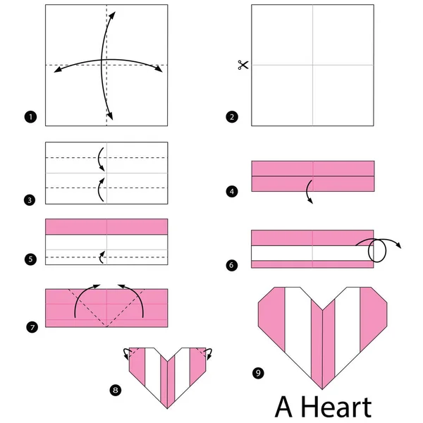 Schritt für Schritt Anleitung, wie man aus Origami ein Herz macht. — Stockvektor