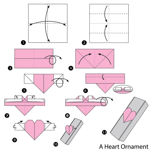 Schritt für Schritt Anleitung, wie man Origami zu einem Herzschmuck macht. — Stockvektor