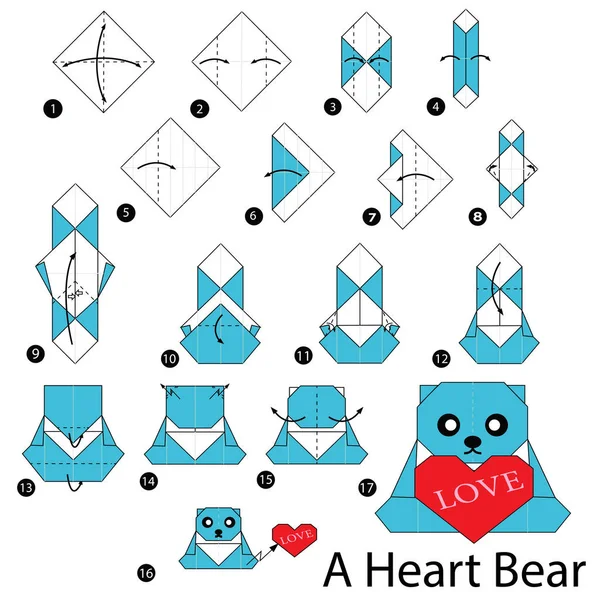 Instrucciones paso a paso cómo hacer origami Un oso del corazón . — Vector de stock