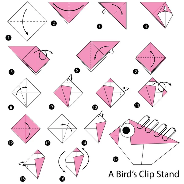 Lépésről lépésre Hogyan készítsünk origami A madarak klip állni. — Stock Vector