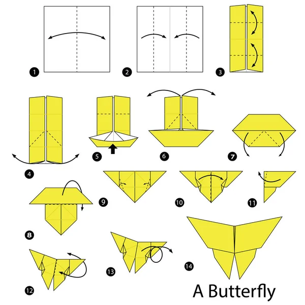 Schritt für Schritt Anleitung, wie man aus Origami einen Schmetterling macht — Stockvektor