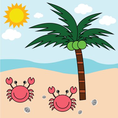 Beach yengeç ve Hindistan cevizi ağaçları