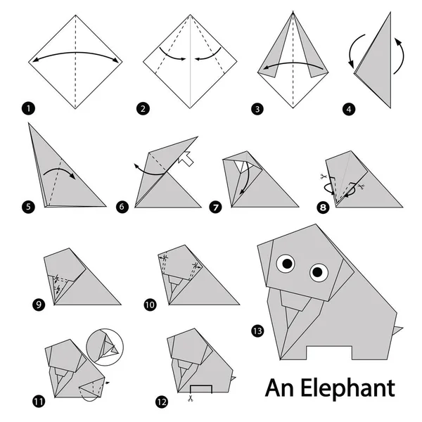 Schritt für Schritt Anleitung, wie man aus Origami einen Elefanten macht. — Stockvektor