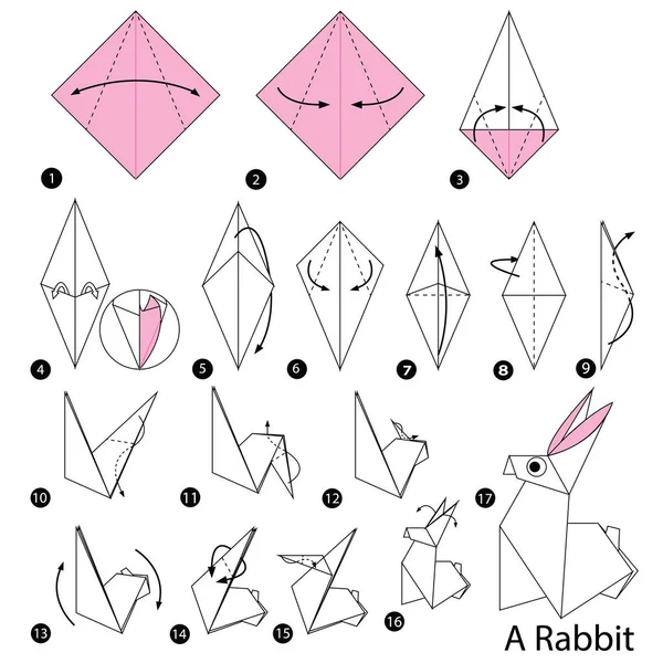 Krok za krokem návod, jak udělat origami králík — Stockový vektor