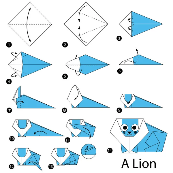 Schritt für Schritt Anleitung, wie man aus Origami einen Löwen macht — Stockvektor