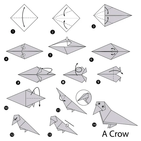 Krok po kroku instrukcje, jak zrobić origami A Crow — Wektor stockowy