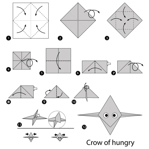 Adım adım adım talimatlar origami A Crow acıktım yapmak nasıl — Stok Vektör