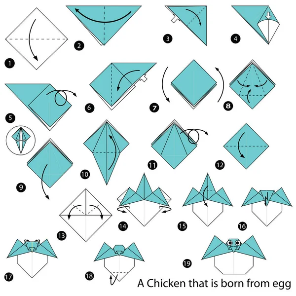 Adım adım adım talimatlar origami yumurtadan doğan A tavuk yapmak nasıl — Stok Vektör