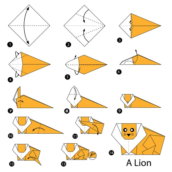 Krok za krokem návod, jak udělat origami A Lev — Stockový vektor