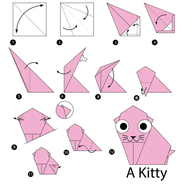 Krok za krokem návod, jak udělat origami A Kitty — Stockový vektor