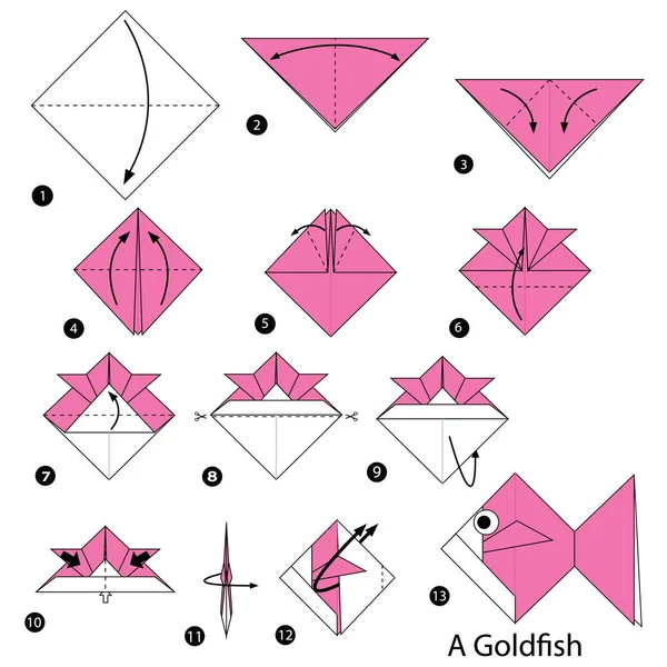 Adım Adım Adım Talimatlar Origami Goldfish Yapmak Nasıl — Stok Vektör