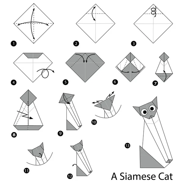 Adım Adım Adım Talimatlar Origami Siamese Kedi Yapmak Nasıl — Stok Vektör