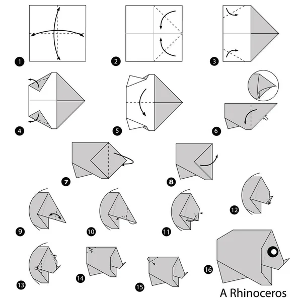 Krok Krokem Návod Jak Udělat Origami Rhinoceros — Stockový vektor