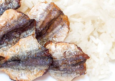 Yapışkan pirinç ve kızarmış kurutulmuş balık