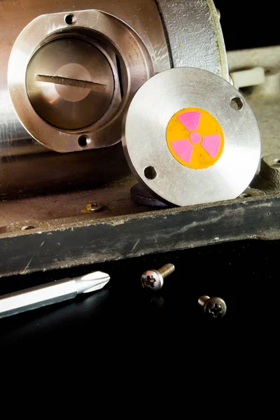 Radioactive container in the part of machinery — Stock Photo, Image