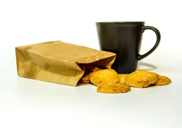 Sušenky Papírovém Sáčku Šálek Kávy — Stock fotografie
