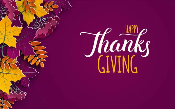 Thanksgiving holiday banner with congratulation text. Autumn tree leaves on purple background. Autumnal design for fall season poster, thanksgiving greeting card, paper cut style, vector