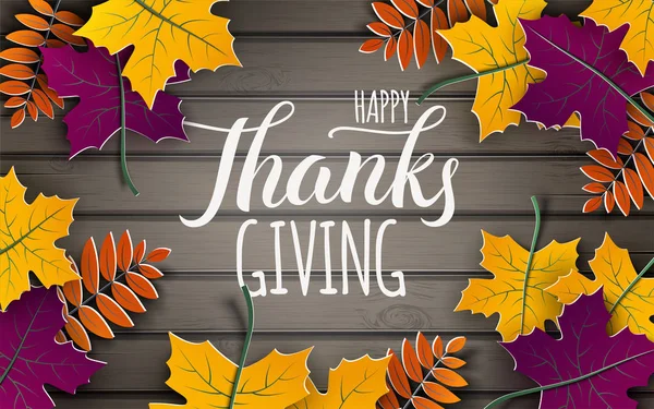 Thanksgiving holiday banner, paper colorful tree leaves on wooden background. Autumn design, for fall season poster, flyer, web site, thanksgiving greeting card, paper cut style, vector