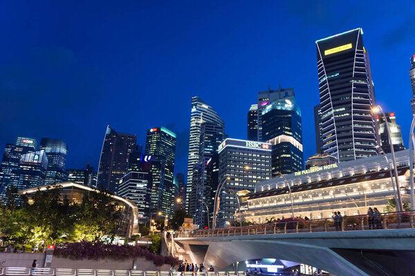 Nght photo of Singapore Central Business District and Financial Centre near Fullerton Hotel, Singapore, April 14, 2018