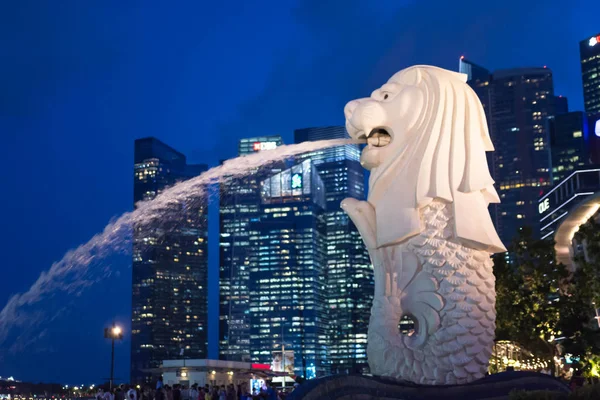 Éjszakai kép Merlion emlékmű: Merlion park városkép p — Stock Fotó