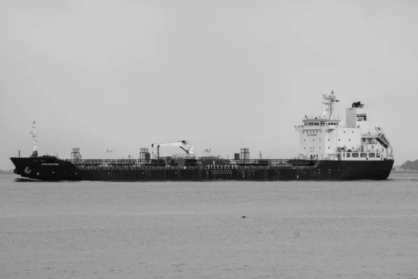 Changi Beach, Singapore. BTS Calypso Oil Tanker from the Beach o — Stock Photo, Image
