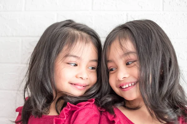 Идентичные сёстры-близнецы позируют перед камерой. Happy tw — стоковое фото