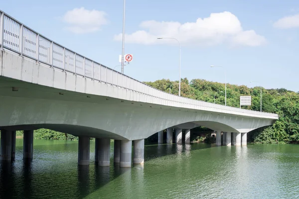 Betonowy most z zieloną rzeką i tłem lasu — Zdjęcie stockowe