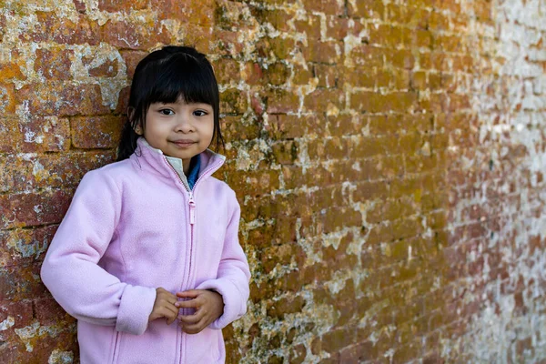 Kis Ázsiai Női Gyermek Pózol Mosolyog Régi Téglafal Háttér — Stock Fotó