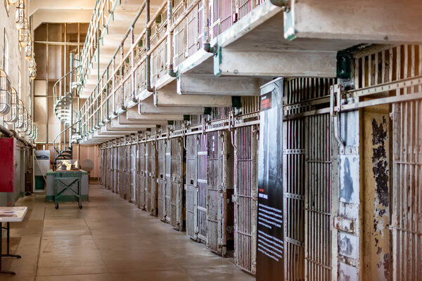 Block A from Alcatraz Island Prison inside the Cellhouse building, San Francisco California USA, March 30, 2020