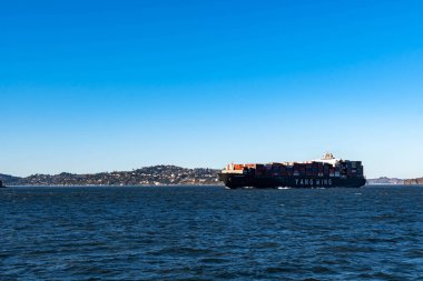 Konteynır gemisi 30 Mart 2020 'de San Francisco Körfezi yakınlarındaki Pasifik Okyanusu' nda seyahat ederken.