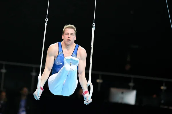 Szczecin Polsko Dubna 2019 Švédský Gymnastka Christopher Soos Soutěžil Kruzích — Stock fotografie