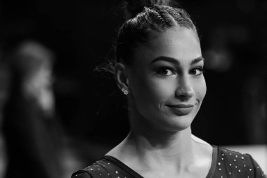 Szczecin, Polonya, 11 Nisan 2019: Netto Arena 'da düzenlenen Avrupa artistik jimnastik şampiyonası sırasında Macar Nora Feher' in Portresi