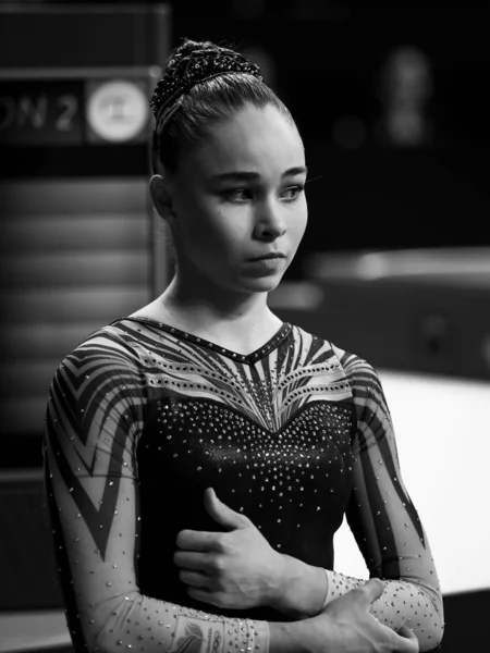 Szczecin, Polonya, 11 Nisan 2019: Avrupa artistik jimnastik şampiyonası sırasında Hollandalı jimnastikçi Eythora Thorsdottir 