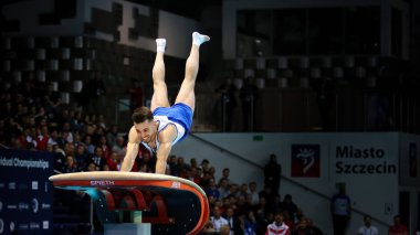 Szczecin, Polonya, 14 Nisan 2019: İsrailli Andrey Medvedev Avrupa artistik jimnastik şampiyonası sırasında kasada yarışıyor