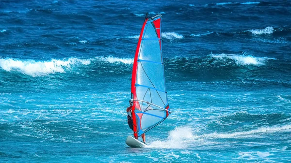 Sport Letni Surfer Czerwonym Niebieskim Żaglem Pływający Fali Wietrzne Letnie — Zdjęcie stockowe