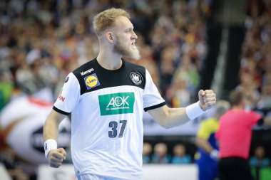 Berlin, Almanya, 12 Ocak 2019: Alman Hentbol oyuncusu Matthias Musche, Ihf Hentbol Dünya Kupası 2019 'da Berlin, Almanya' daki Mercedes-Benz Arena 'da eğleniyor..