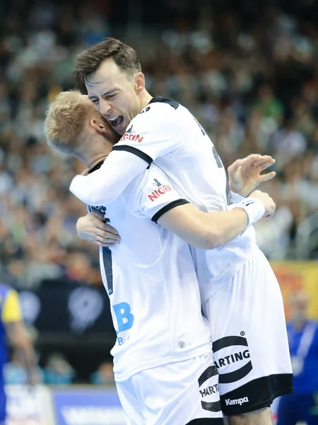 Berlin, Almanya, 12 Ocak 2019: Hentbol oyuncuları Matthias Musche ve Alman Patrick Groetzki, 2019 Dünya Erkekler Hentbol Şampiyonası 'ndaki maçı kazandılar..