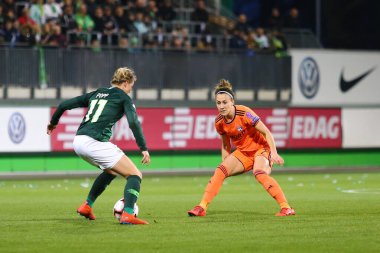 Wolfsburg, Almanya, 27 Mart 2019: VfL Wolfsburg 'dan Caroline Graham Hansen UEFA Kadınlar Ligi Şampiyonlar Ligi' nin bir futbol maçı sırasında görev başında.