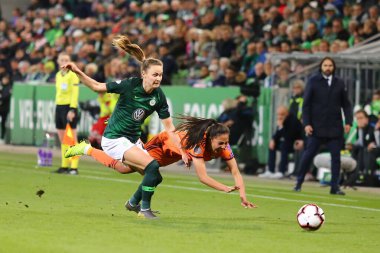 Wolfsburg, Almanya, 27 Mart 2019: VfL Wolfsburg 'dan Caroline Graham Hansen UEFA Kadınlar Ligi Şampiyonlar Ligi' nin bir futbol maçı sırasında görev başında.