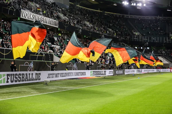 Wolfsburg Germany March 2019 Big German Flags Waving Volkswagen Arena — Stock Photo, Image