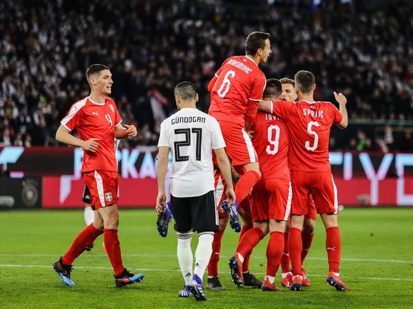 Wolfsburg Alemania Marzo 2019 Los Futbolistas Serbios Celebran Primer Gol — Foto de Stock
