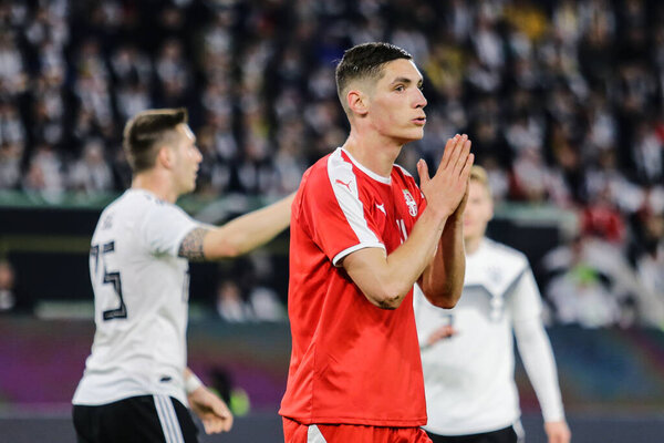 Wolfsburg, Germany, March 20, 2019: Serbian national team footballer, Nikola Milenkovic, during the international friendly game Germany vs Serbia.