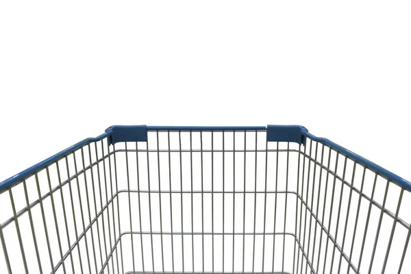 Carrinho de compras vista no supermercado em fundo branco — Fotografia de Stock