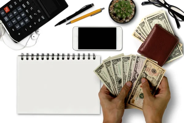 Witte Bureau met ons Dollars rekenen, smartphone met zwart — Stockfoto