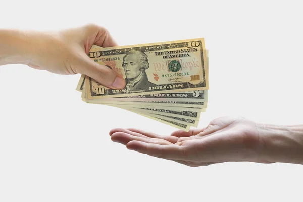 Pay the US dollar , Hand use dollar money on the white backgroun — Stock Photo, Image