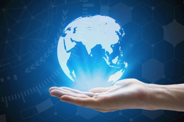Global network ve küresel iletişim, elini tutan adam el 
