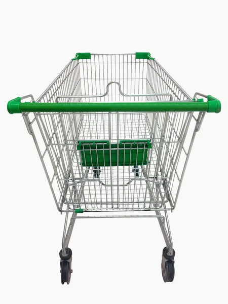 Carrinho de compras vista no supermercado em fundo branco — Fotografia de Stock