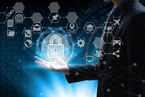 hand holding with virtual screen padlock and Interface Icons glo