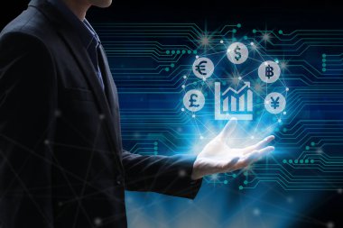 İş adamı ele küresel sahip ağ kullanarak para birimleri işareti sy