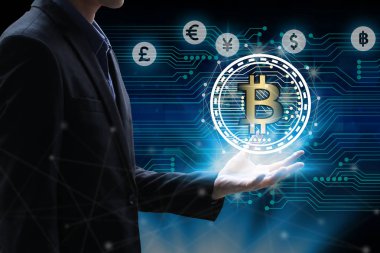 İş adamı ele küresel sahip ağ kullanarak para birimleri işareti sy